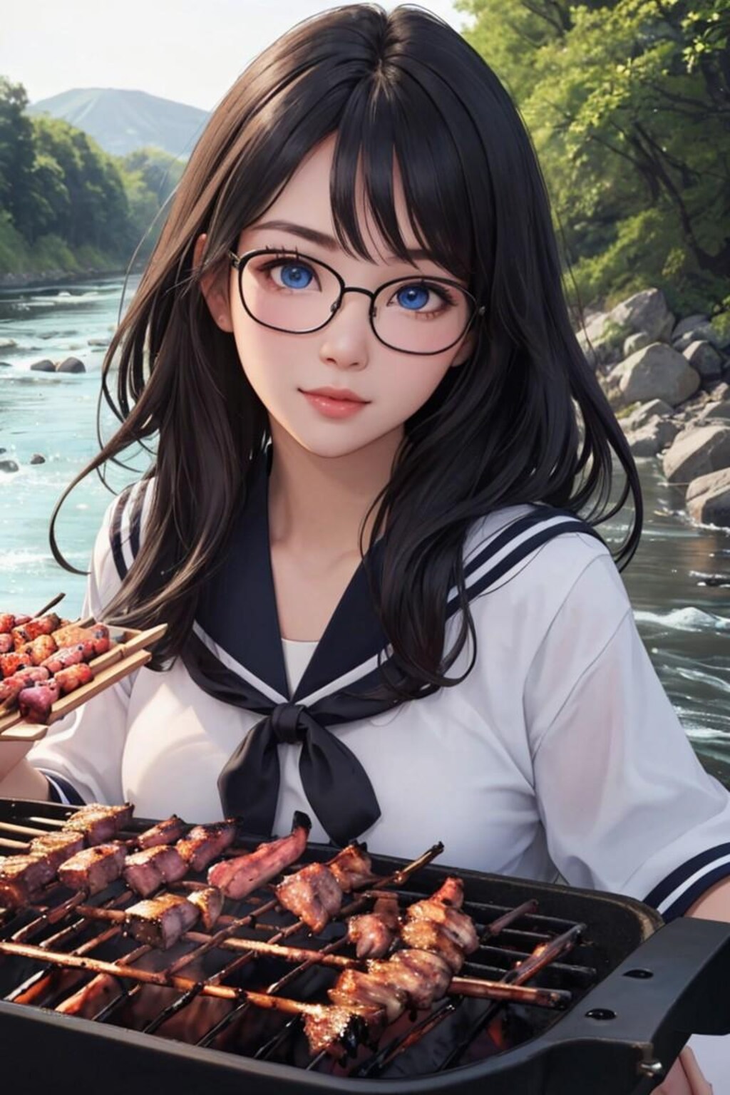 河原でBBQする黒髪少女