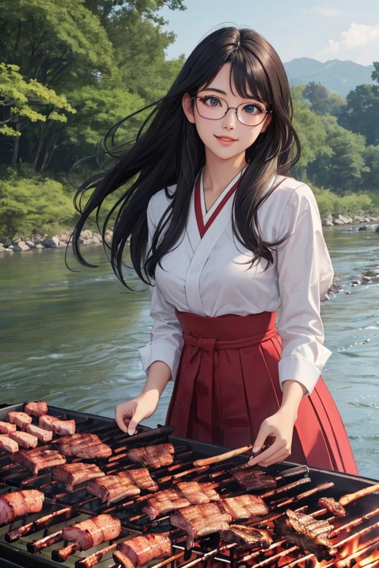 河原でBBQする黒髪少女