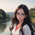 河原でBBQする黒髪少女 2枚目