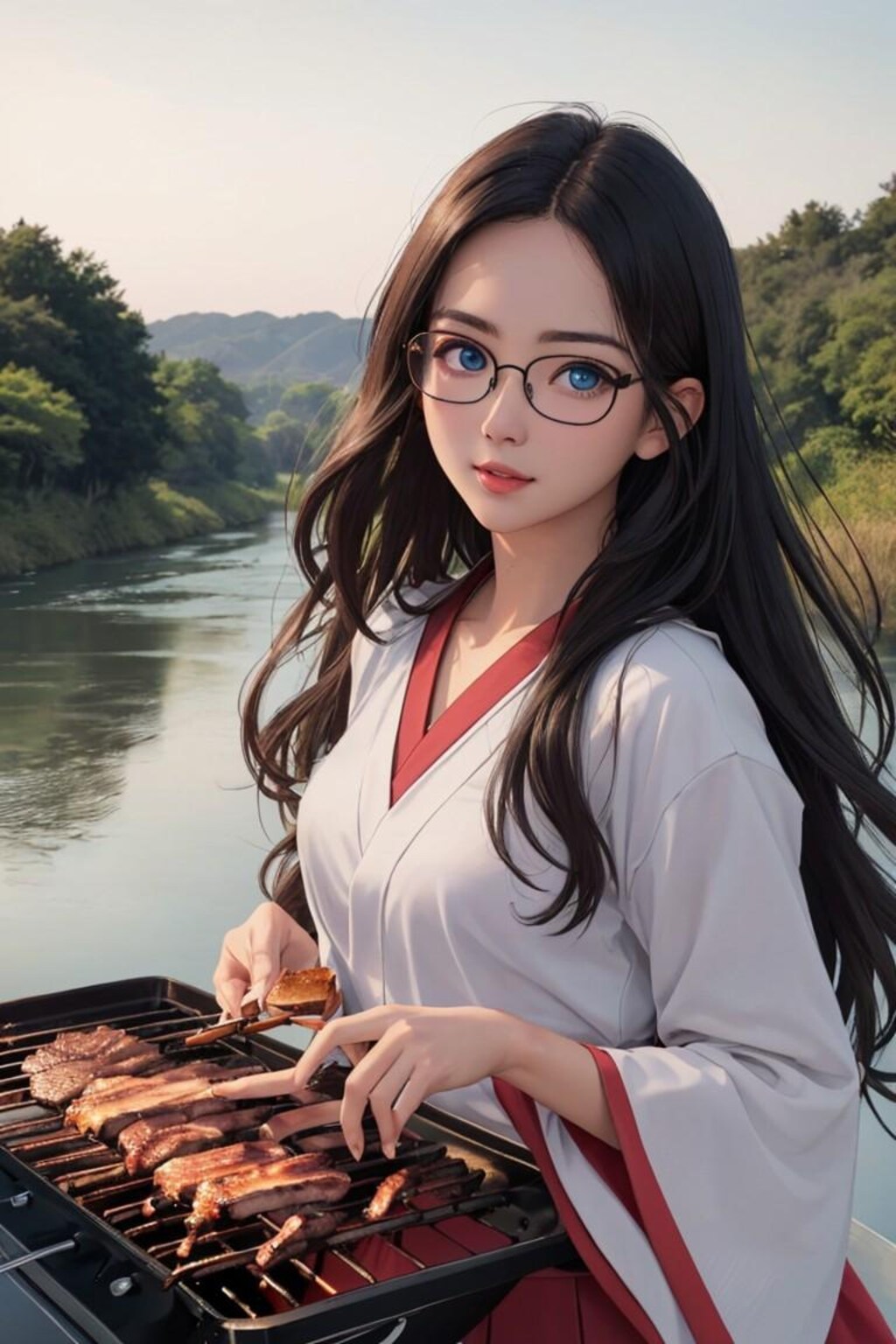 河原でBBQする黒髪少女