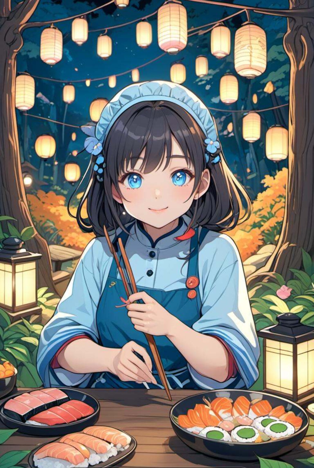 夜の公園で寿司を握る小さな女の子