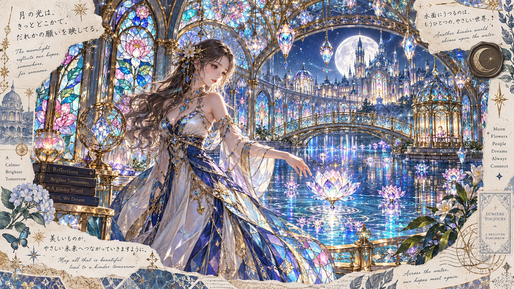 A crystal lotus blooming in the moonlight, touched by a single fingertip.  The moonlight reflects ou | の人気AIイラスト・グラビア