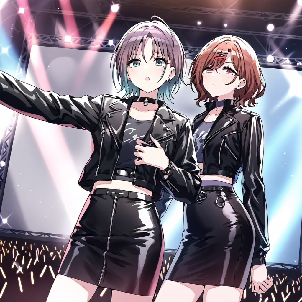 樋口円香と浅倉透のレザー衣装のライブ | の人気AIイラスト・グラビア