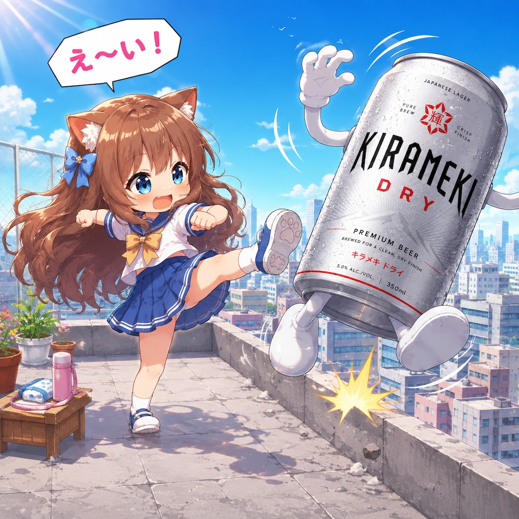 ビール缶を屋上から蹴落とす小さな女の子