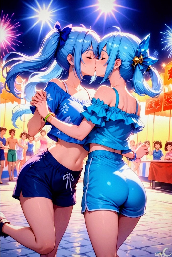 初めての夏祭りで興奮した、　　　　　　　　　　　　　　　LARIMAR姉妹 | の人気AIイラスト・グラビア