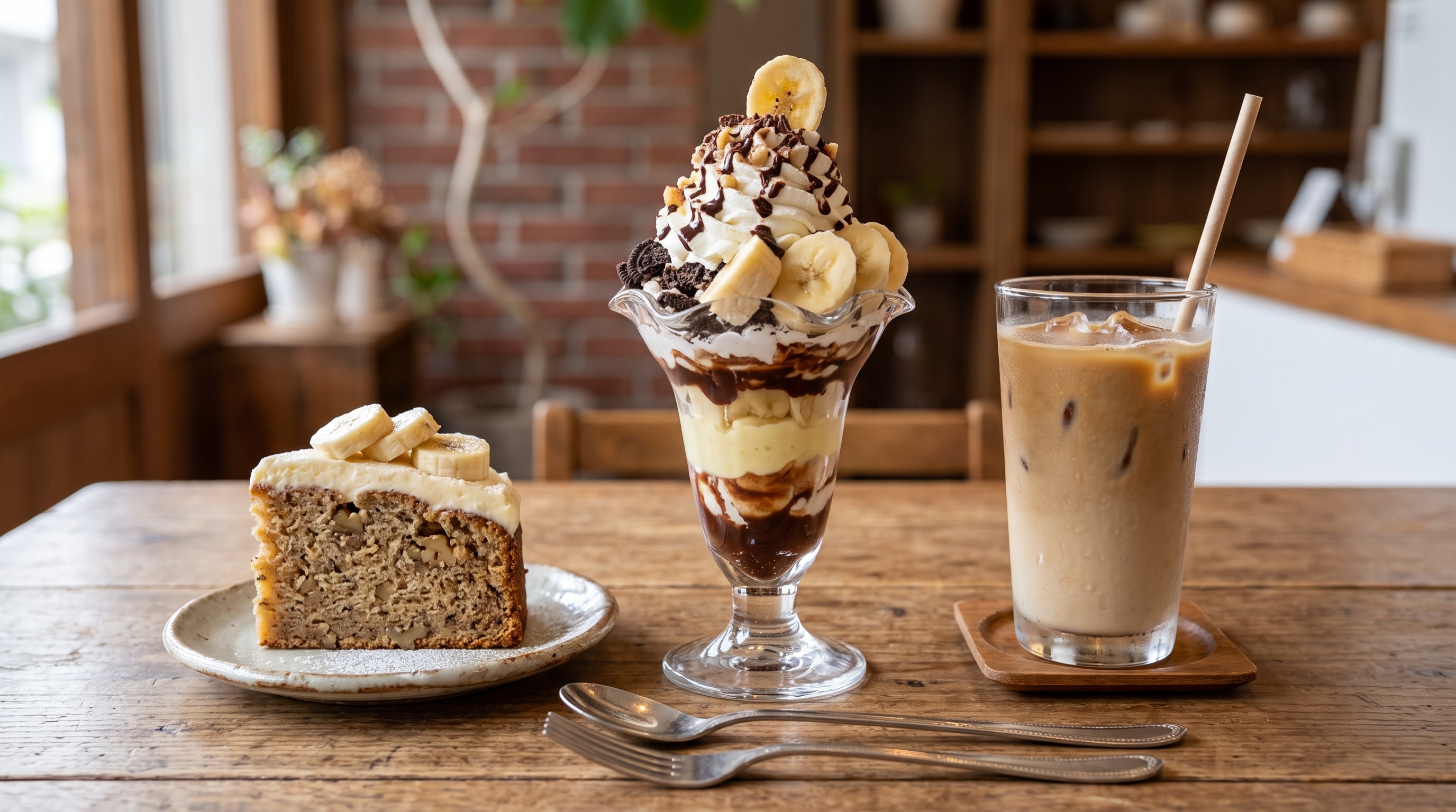 デザートのバナナケーキとバナナパフェのセット