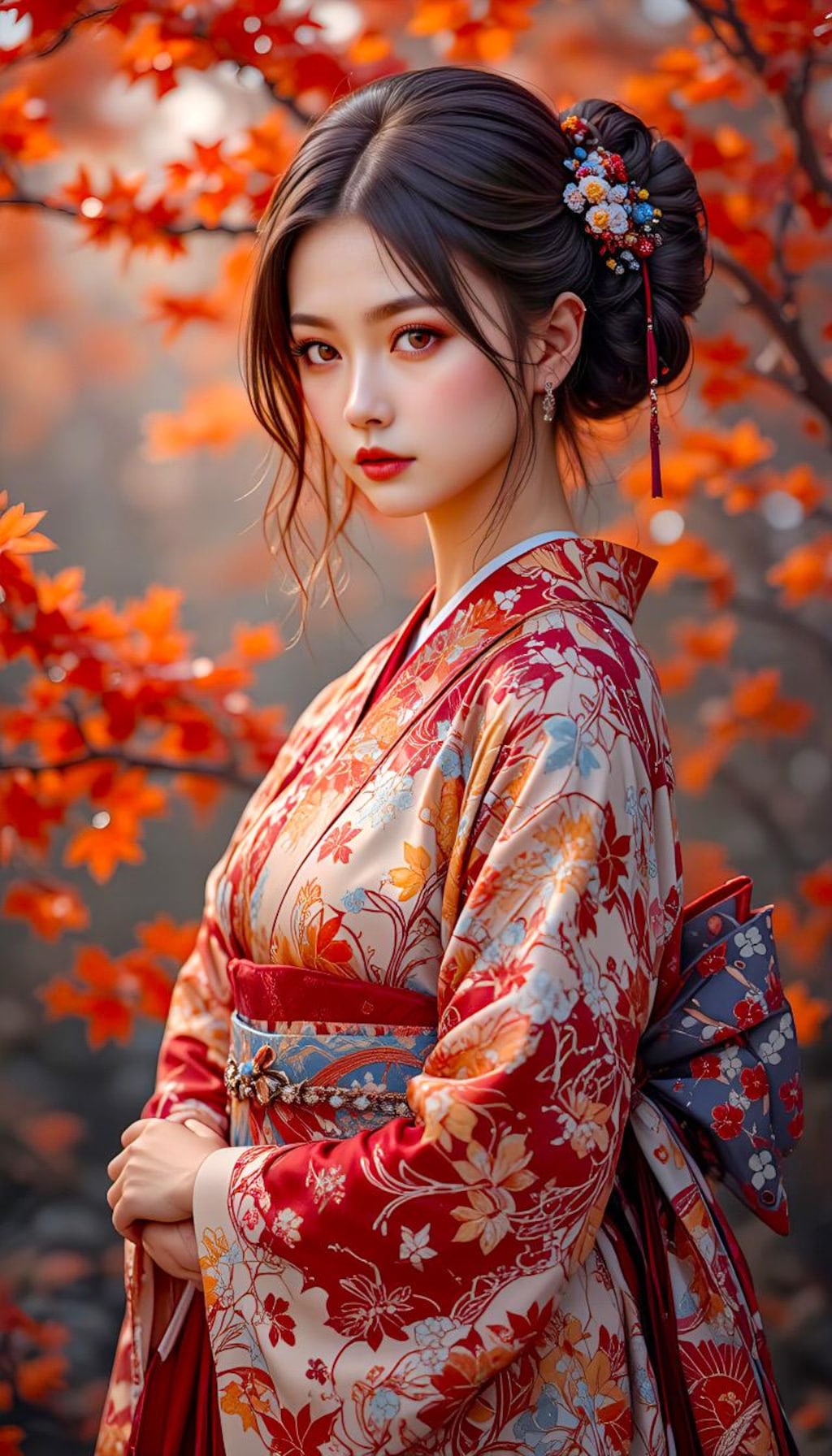 紅葉絵柄の着物の君