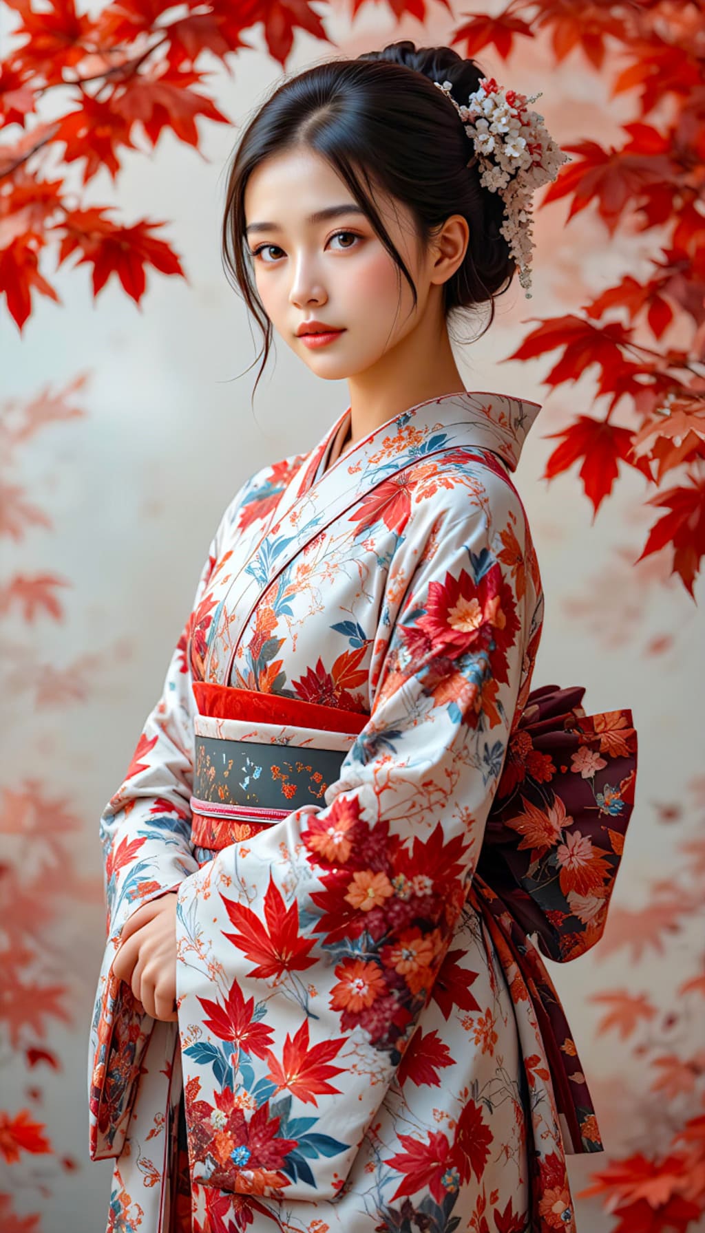 紅葉絵柄の着物の君