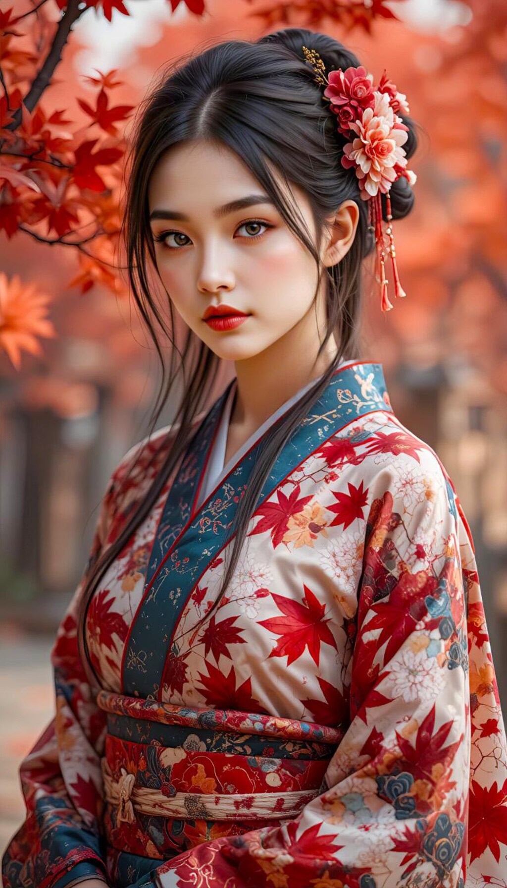 紅葉絵柄の着物の君