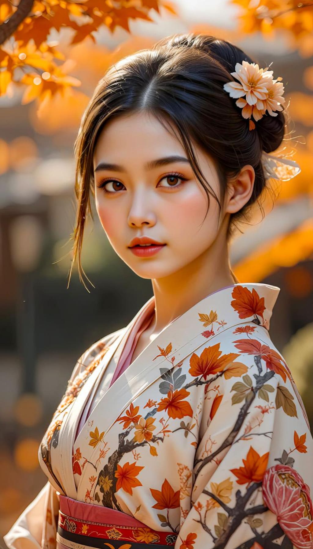 紅葉絵柄の着物の君