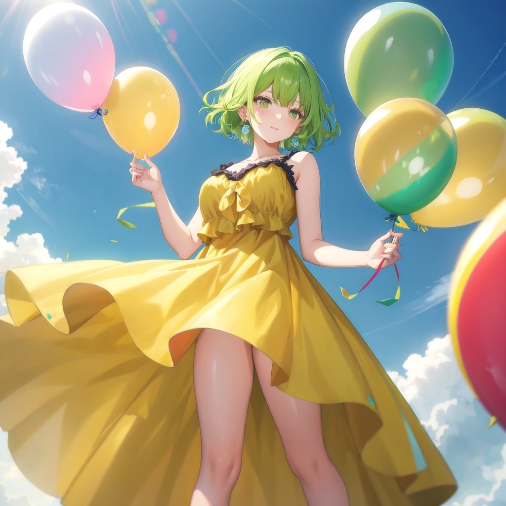 いっぱい色とりどりの風船を持つ緑色ショートカットウェーブヘアの黄色のワンピース着た美女 | の人気AIイラスト・グラビア