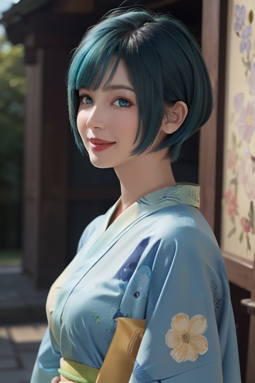 青い髪の着物女性