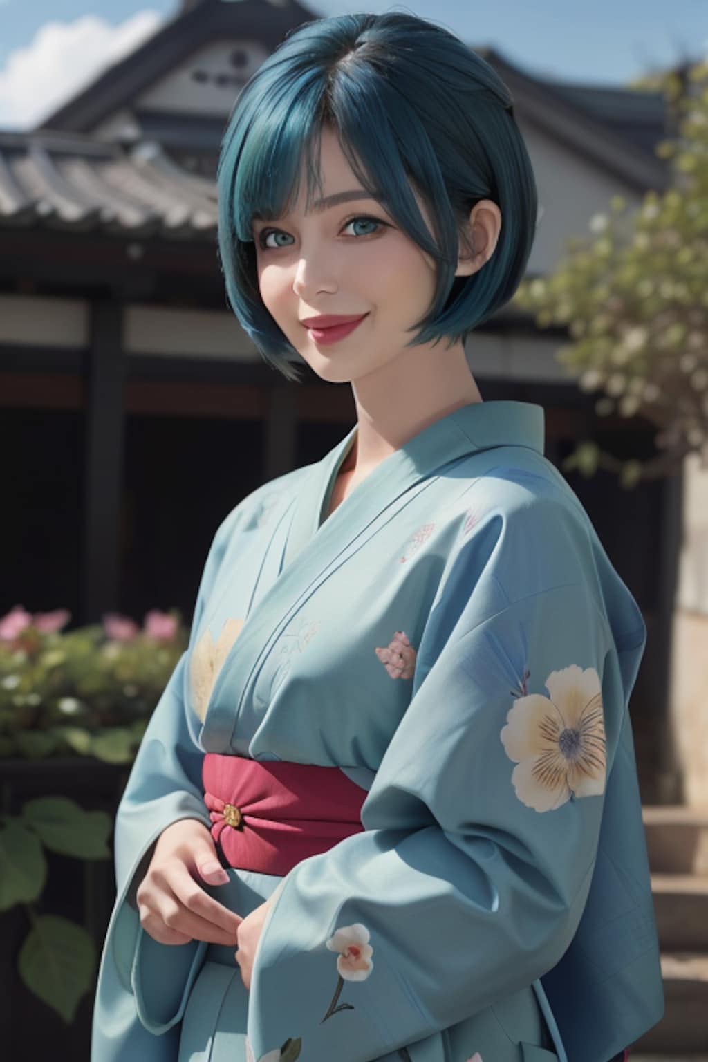 青い髪の着物女性