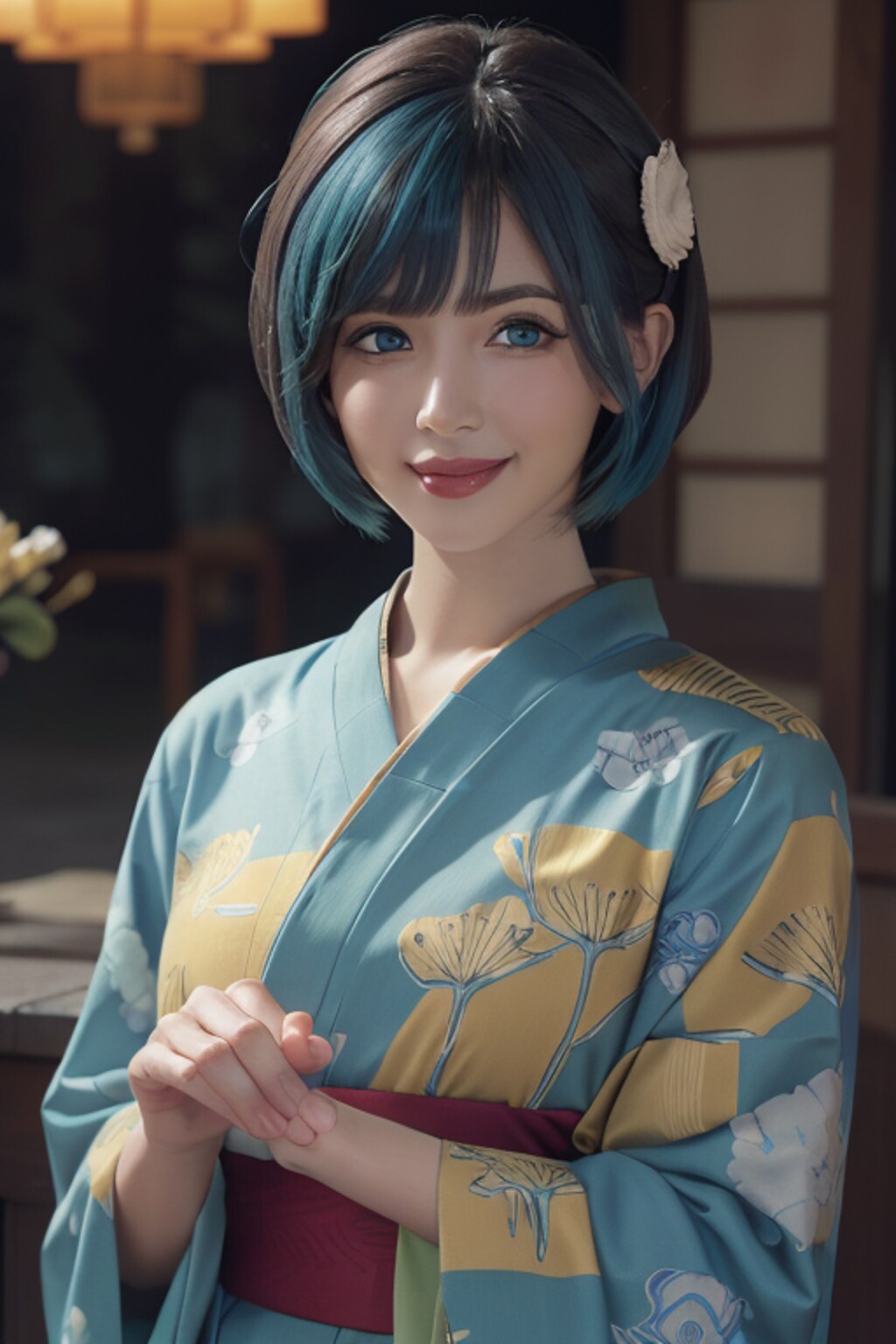 青い髪の着物女性