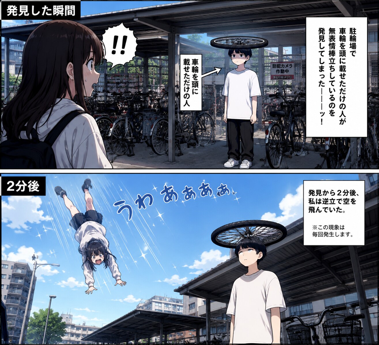 駐輪場で車輪を頭に載せただけの人が無表情棒立ちしているのを発見すると、あなた自身が逆立ちで空を飛んでしまうAI