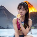 【謎画像・2000いいね記念】火山島で金メダルを食べるギャル 3枚目