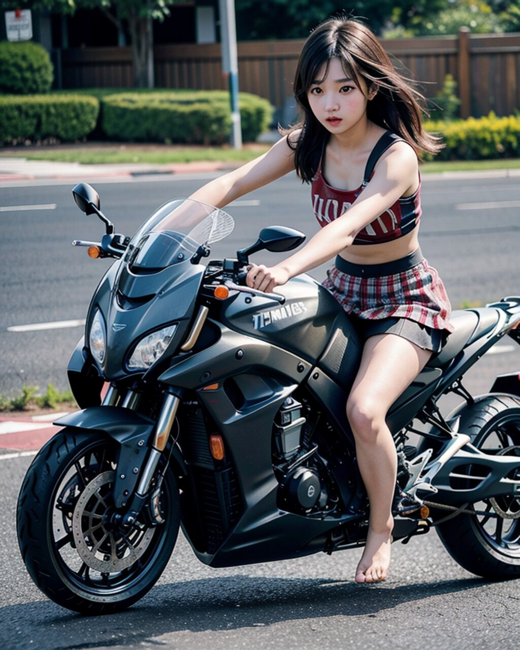露出多めなバイク女子（危険なのでやめましょう）