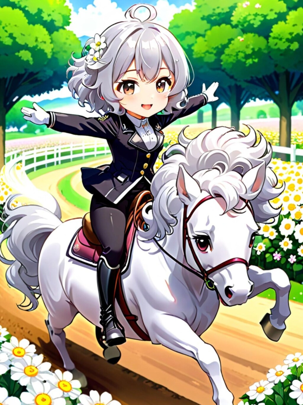 乗馬をする銀髪ちゃん