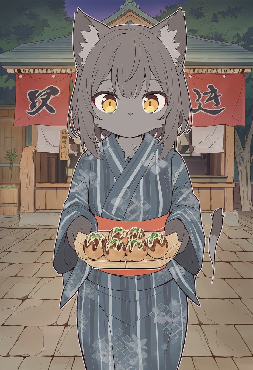 ケモいあの子と夏祭りへ。浴衣姿にテンション爆上がりのまま屋台を回っていると、たこ焼きを両手でそっと差し出してきた。もしかして一緒に食べようってこと？…惚れてまうやろ～～～～～！