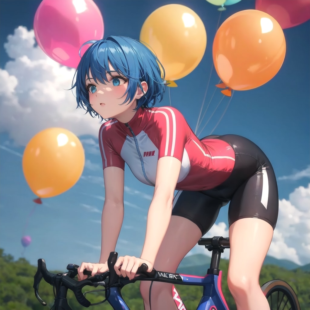 いっぱい色とりどりの風船を持つロードバイク乗って青い髪ショートカットの美女