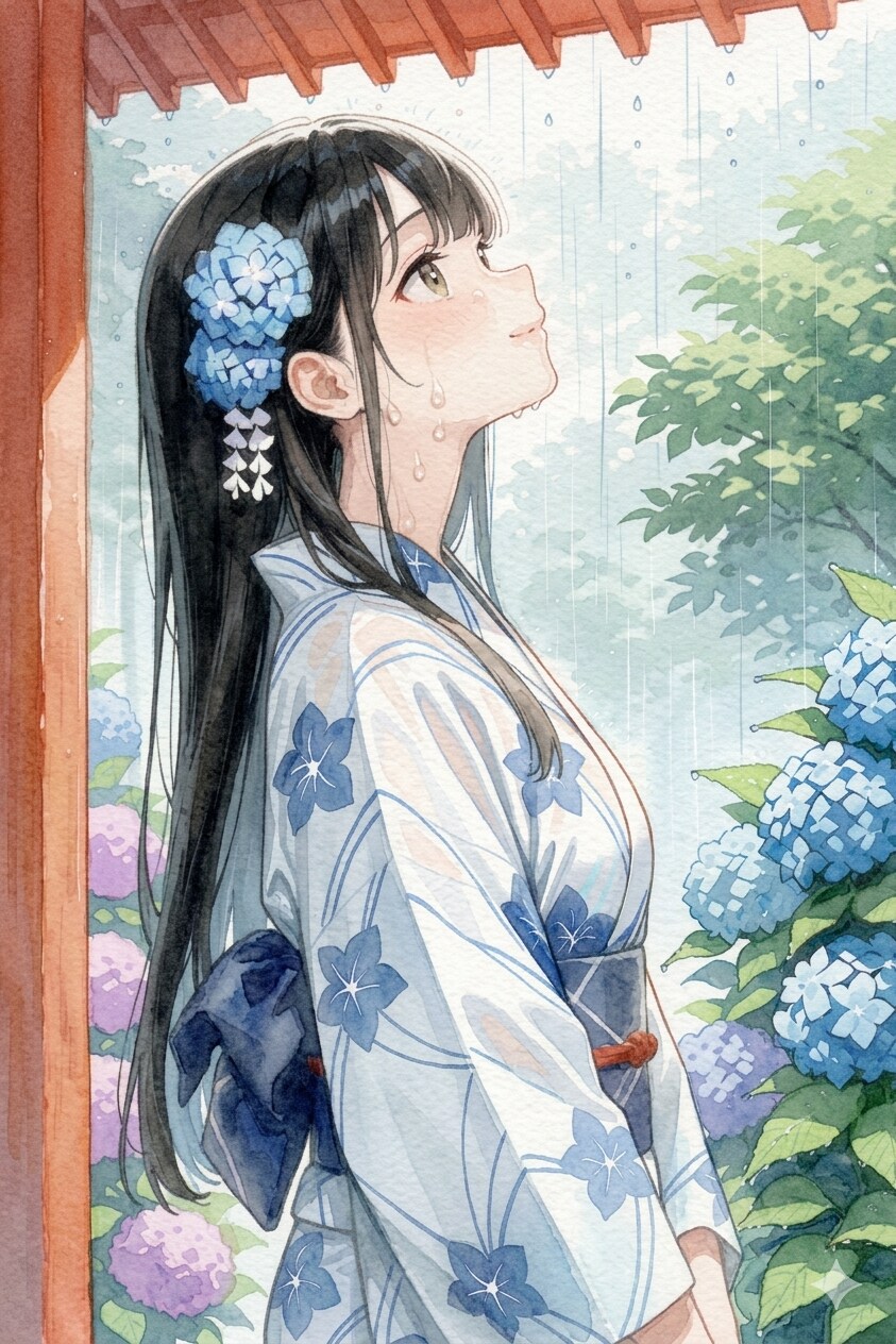 水彩タッチ＋紫陽花＋浴衣
