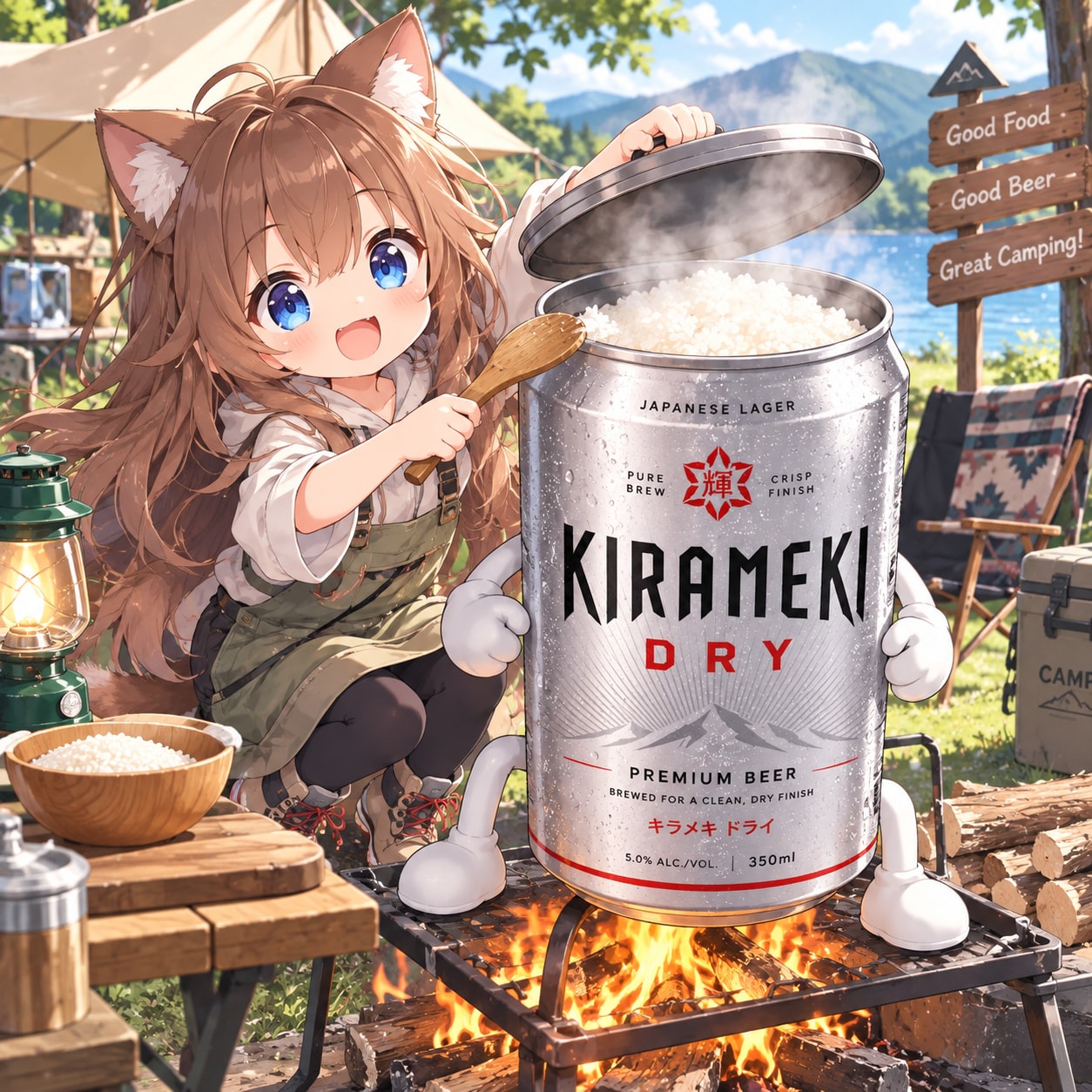 ビール缶で米を炊く小さな女の子 | の人気AIイラスト・グラビア