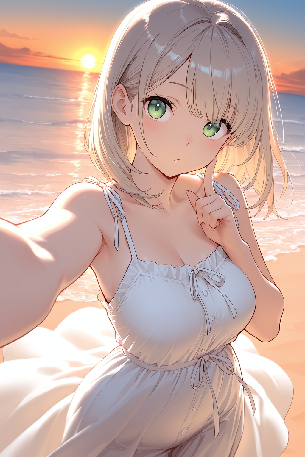 夕暮れの浜辺で自撮り