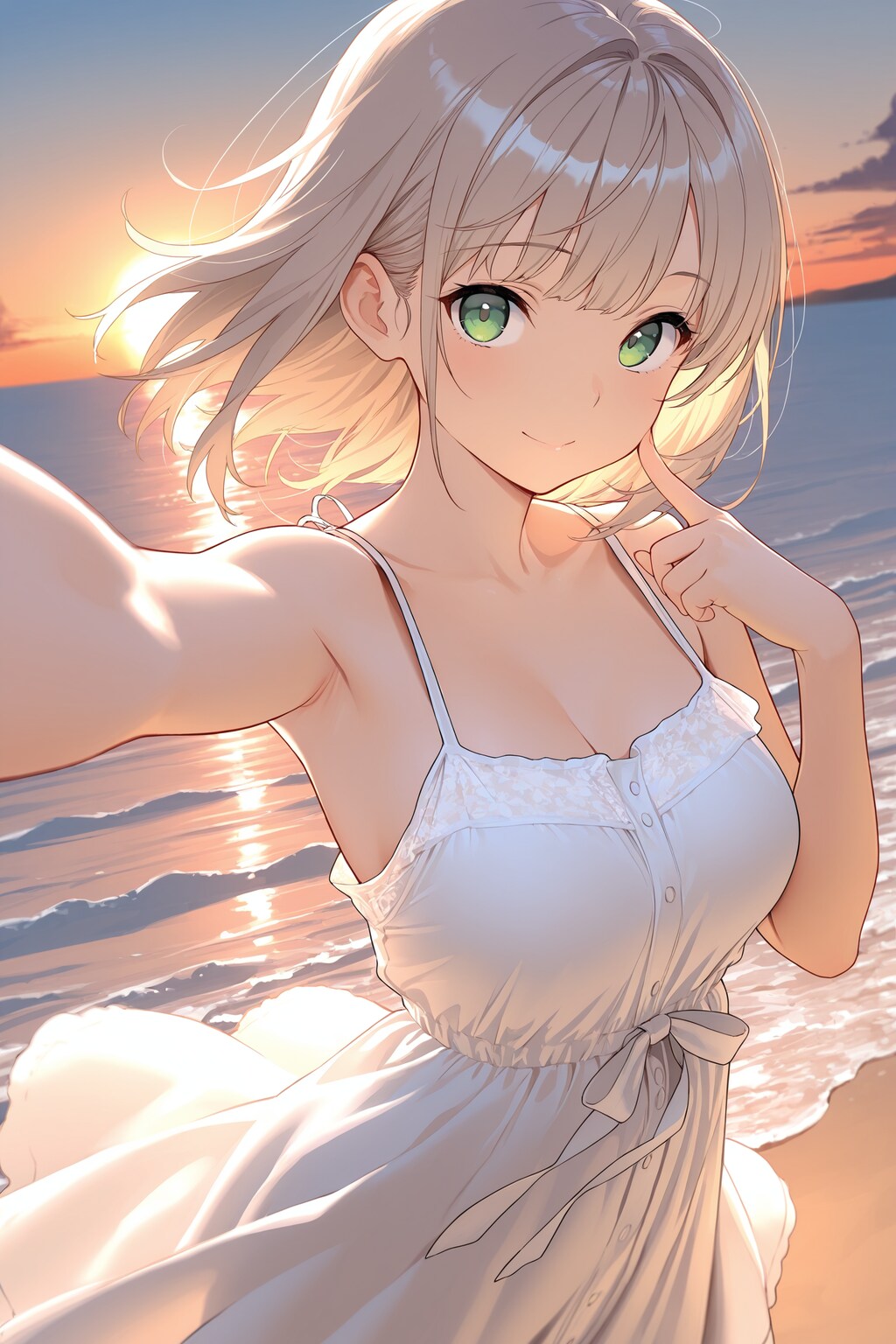 夕暮れの浜辺で自撮り