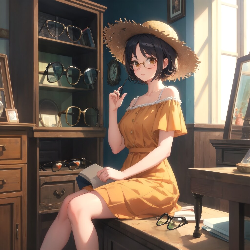 ふーか、アンティーク眼鏡の前で