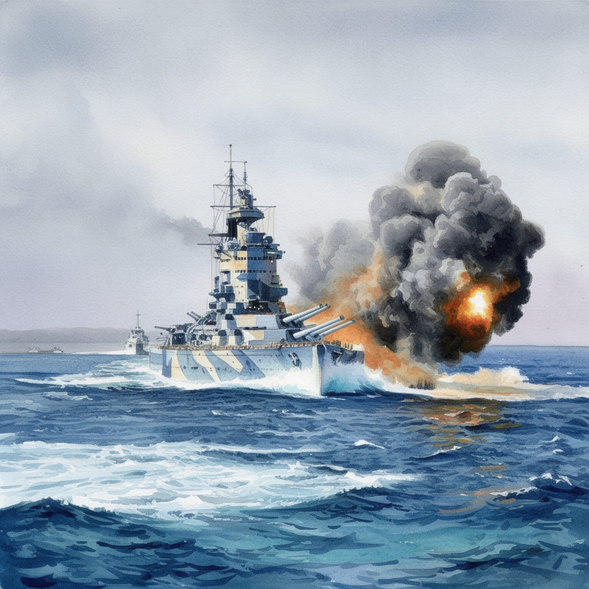 イギリス海軍のネルソン級戦艦の一番艦 戦艦ネルソンが3連装9門の16インチ主砲を射つ | の人気AIイラスト・グラビア