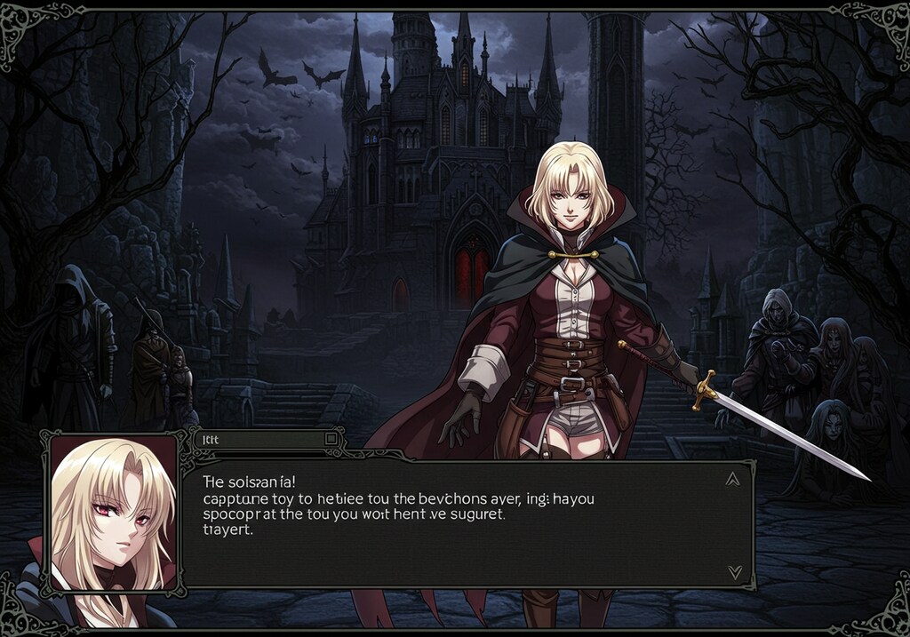 悪魔城に挑む！ヴァンパイアハンター達が主役のアドベンチャーゲームのゲーム画面！（同じ呪文でDalleとImageFX）