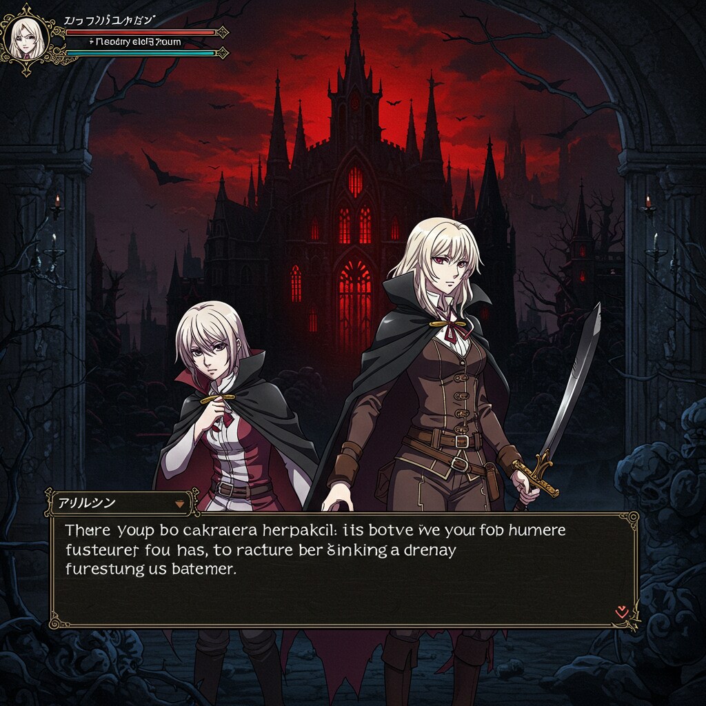 悪魔城に挑む！ヴァンパイアハンター達が主役のアドベンチャーゲームのゲーム画面！（同じ呪文でDalleとImageFX）