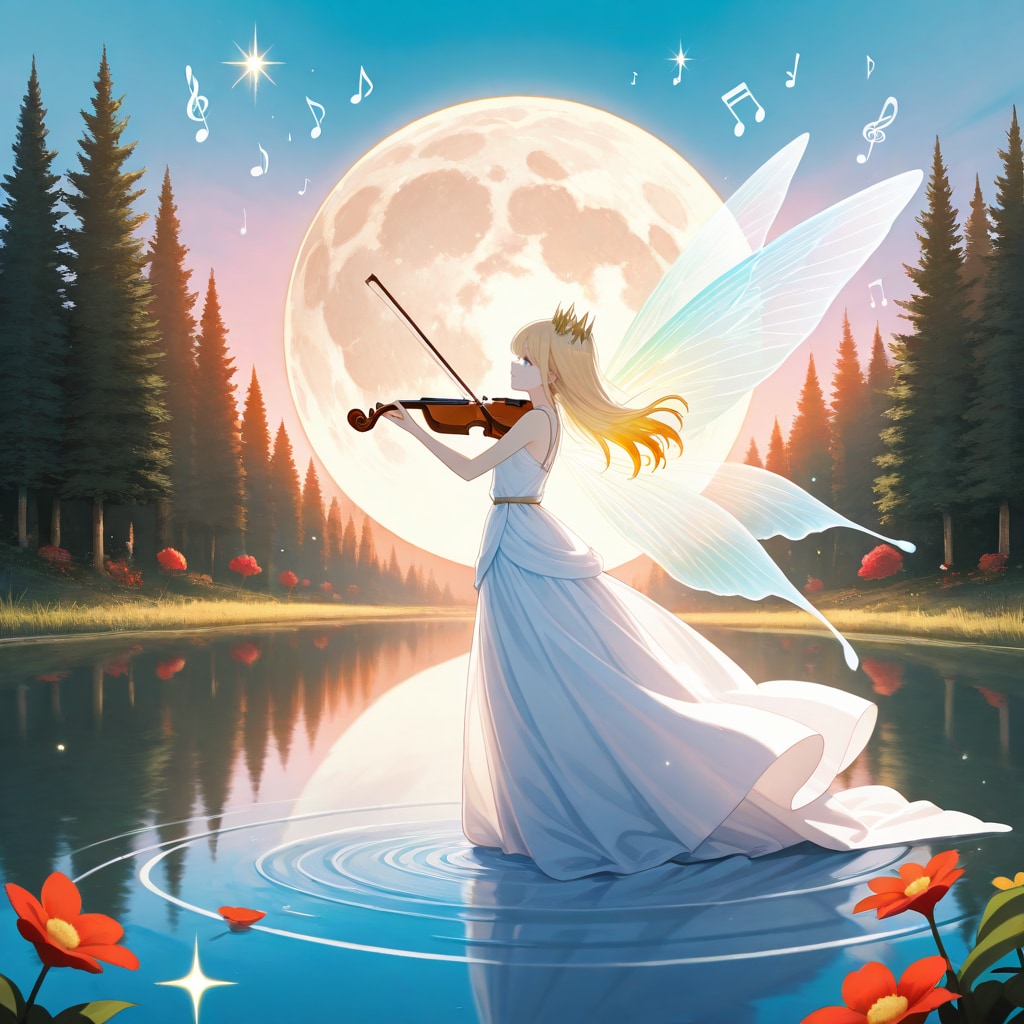 月夜の森の湖でヴァイオリンを演奏する妖精
