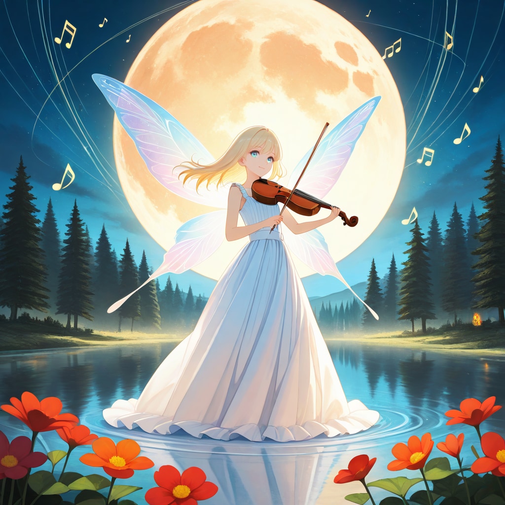 月夜の森の湖でヴァイオリンを演奏する妖精 | の人気AIイラスト・グラビア