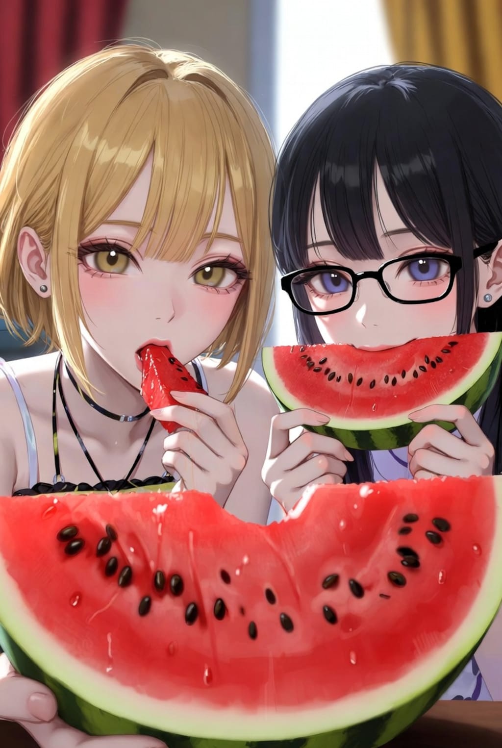 金髪と黒髪2人でスイカ Ver.Grok