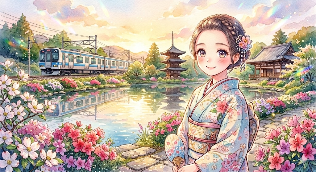 お寺の庭園と電車 | の人気AIイラスト・グラビア