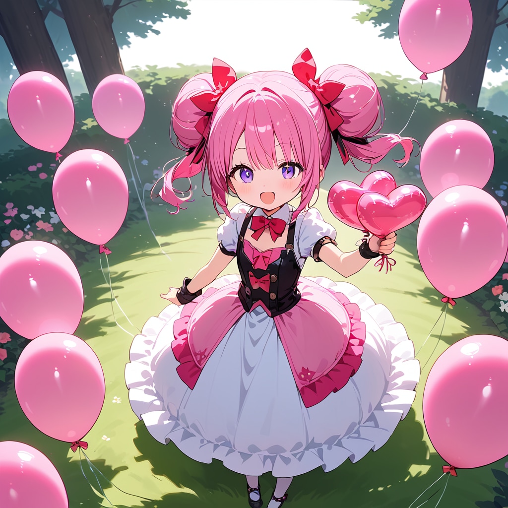 お庭いっぱいにピンクの風船を膨らませて遊ぶピンク髪のお姫様。