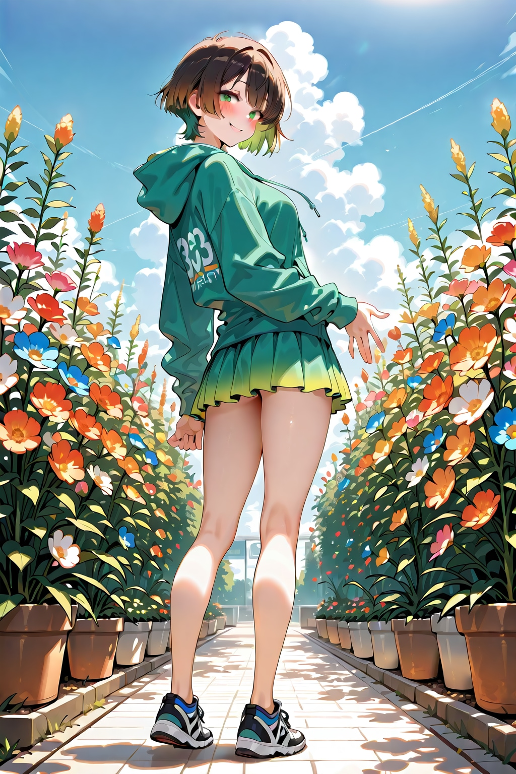 緑のパーカーとお花