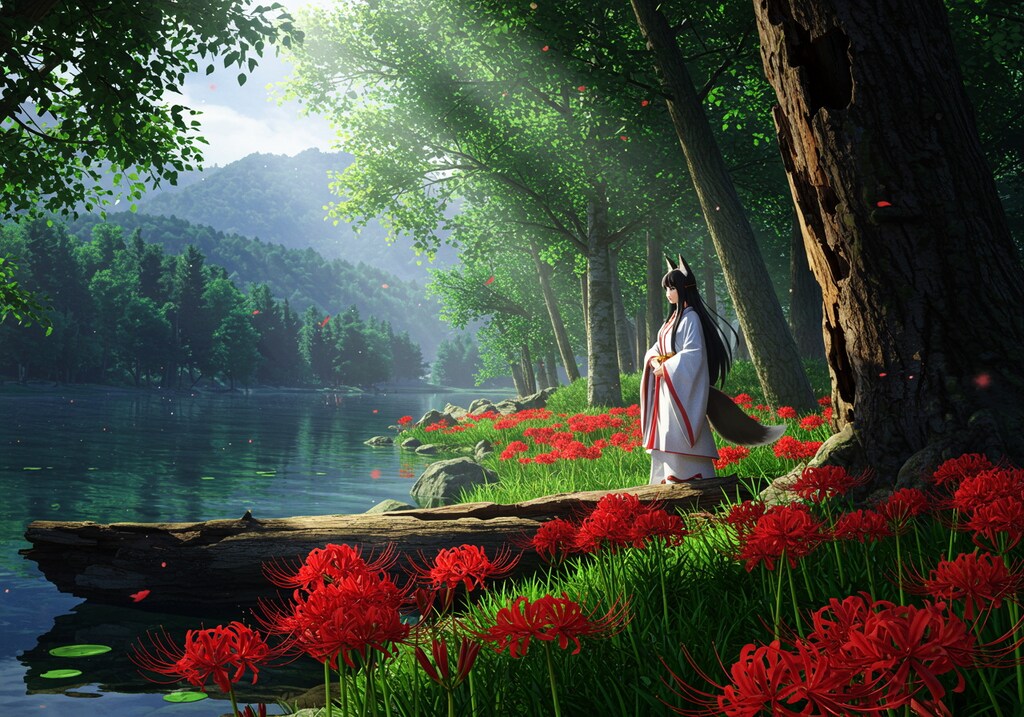 彼岸花のある風景６･森の湖とお稲荷様