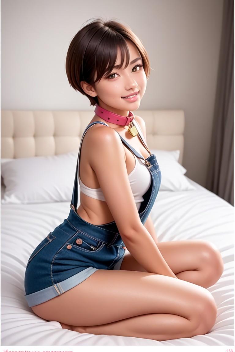 オーバーオールのショートヘア少女