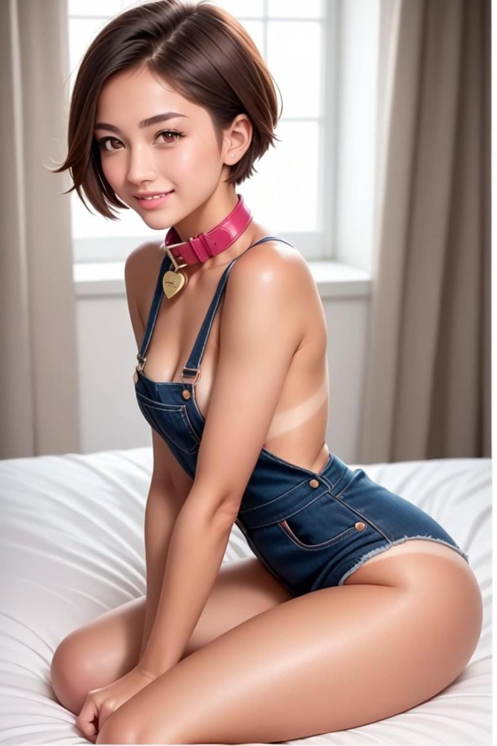 オーバーオールのショートヘア少女