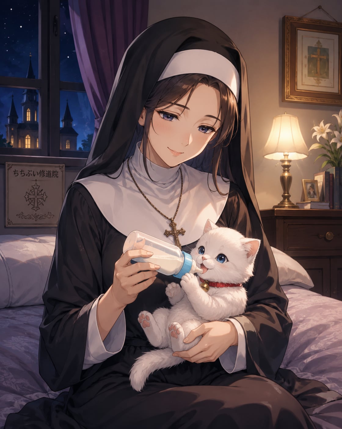 子猫にミルクをあげるシスター