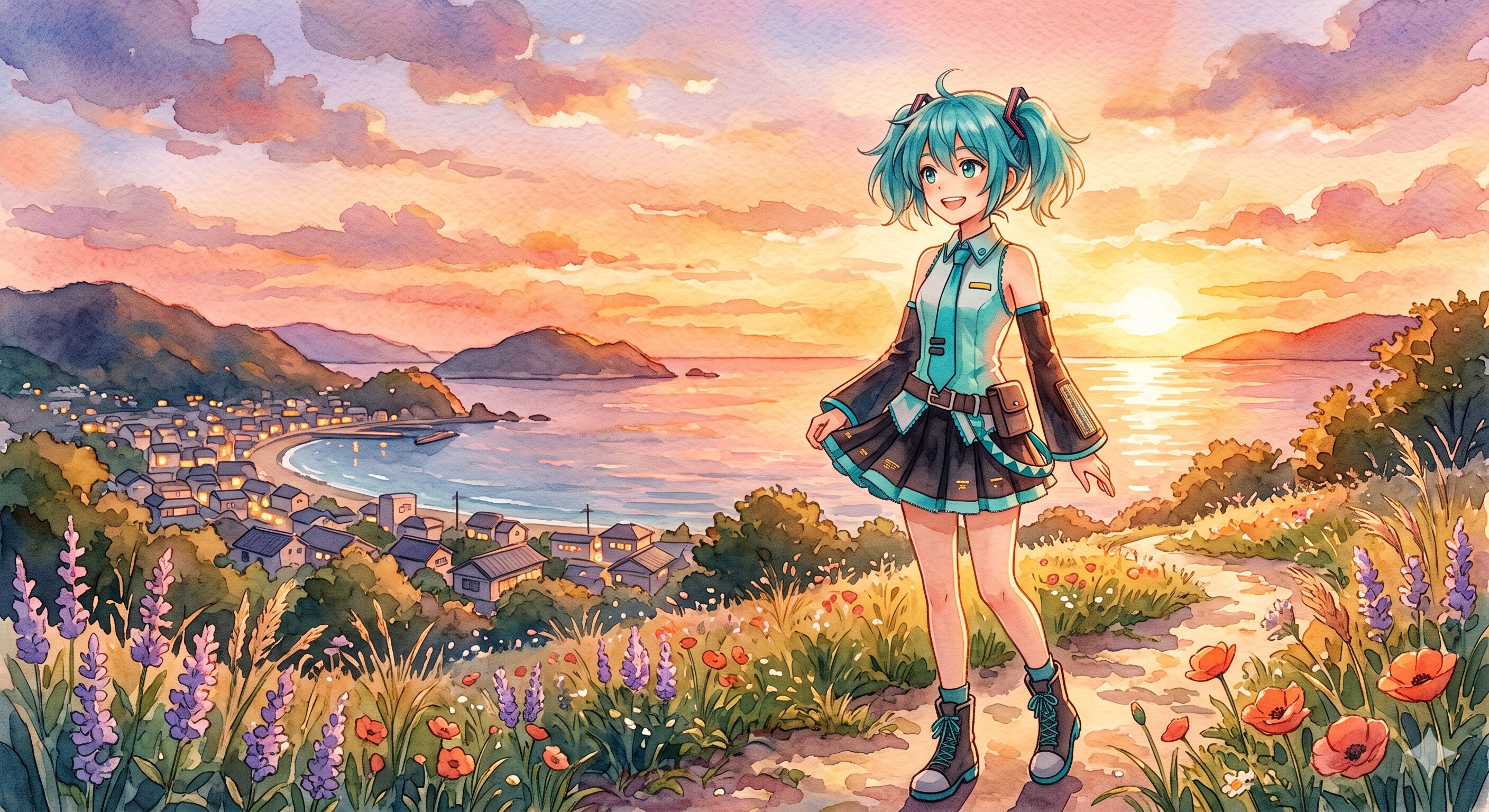 水彩画ミクさん　染まる空と静かな歌声