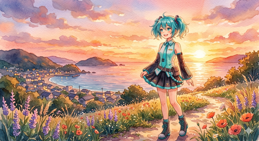 水彩画ミクさん　染まる空と静かな歌声