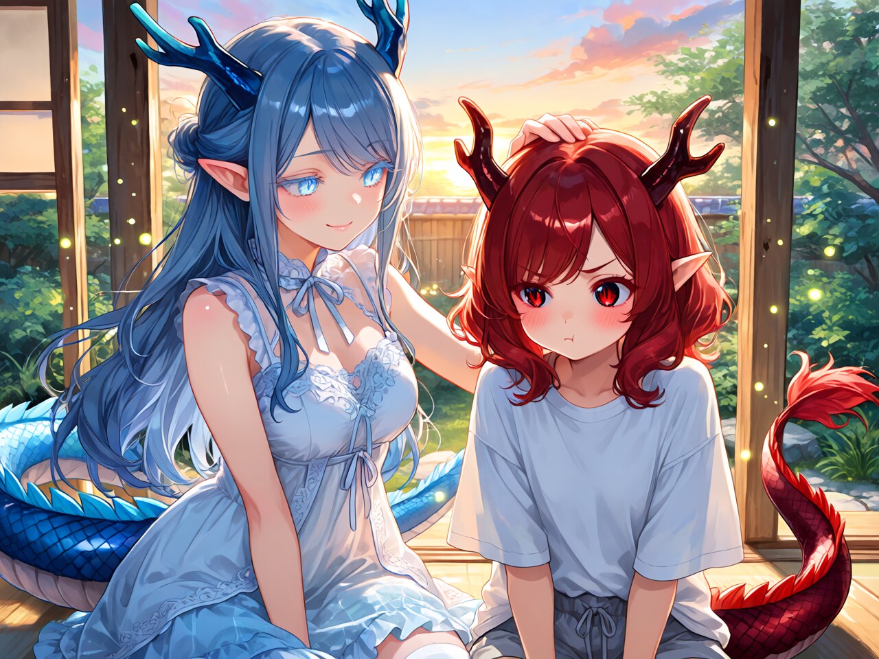 お姉ちゃんに慰められる妹ドラゴン | の人気AIイラスト・グラビア