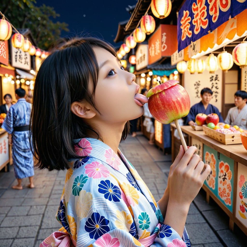 夏祭りにきてます-りんご飴おいしい！