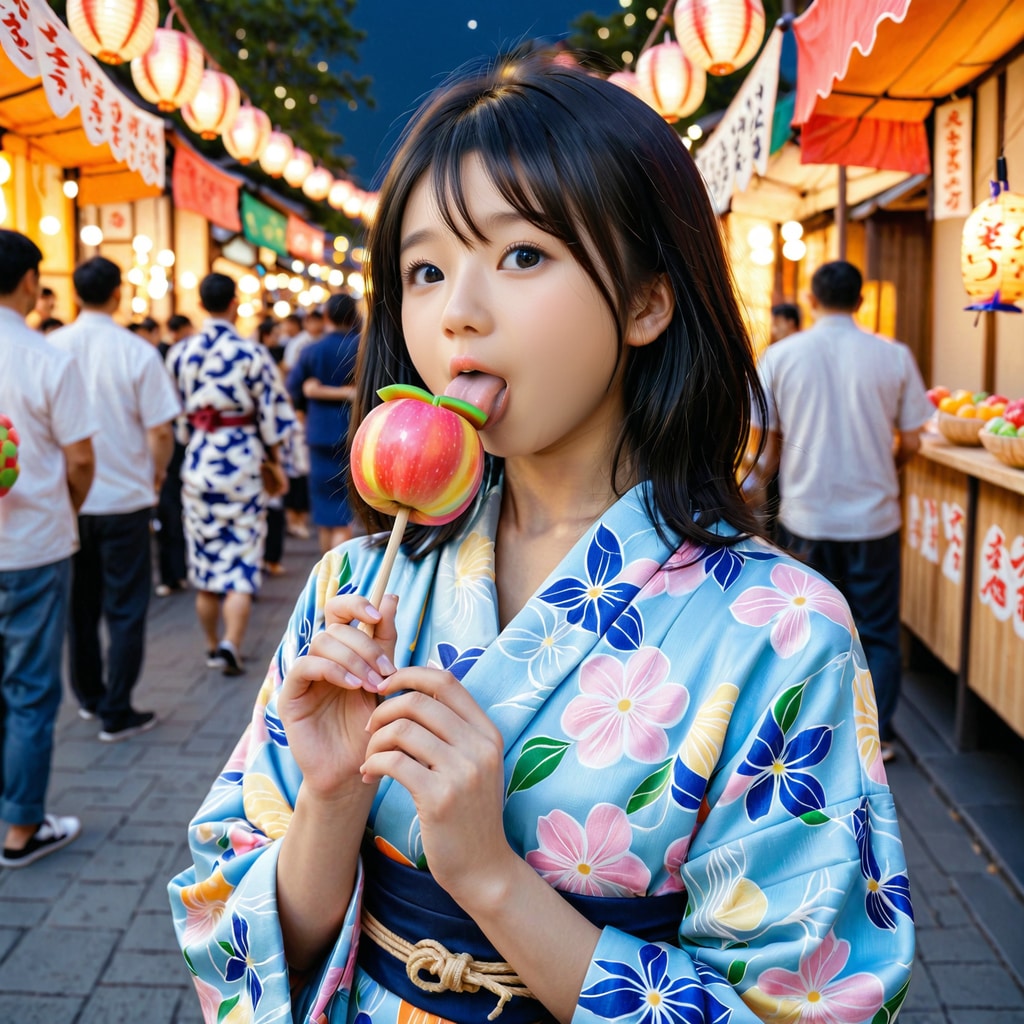 夏祭りにきてます-りんご飴おいしい！