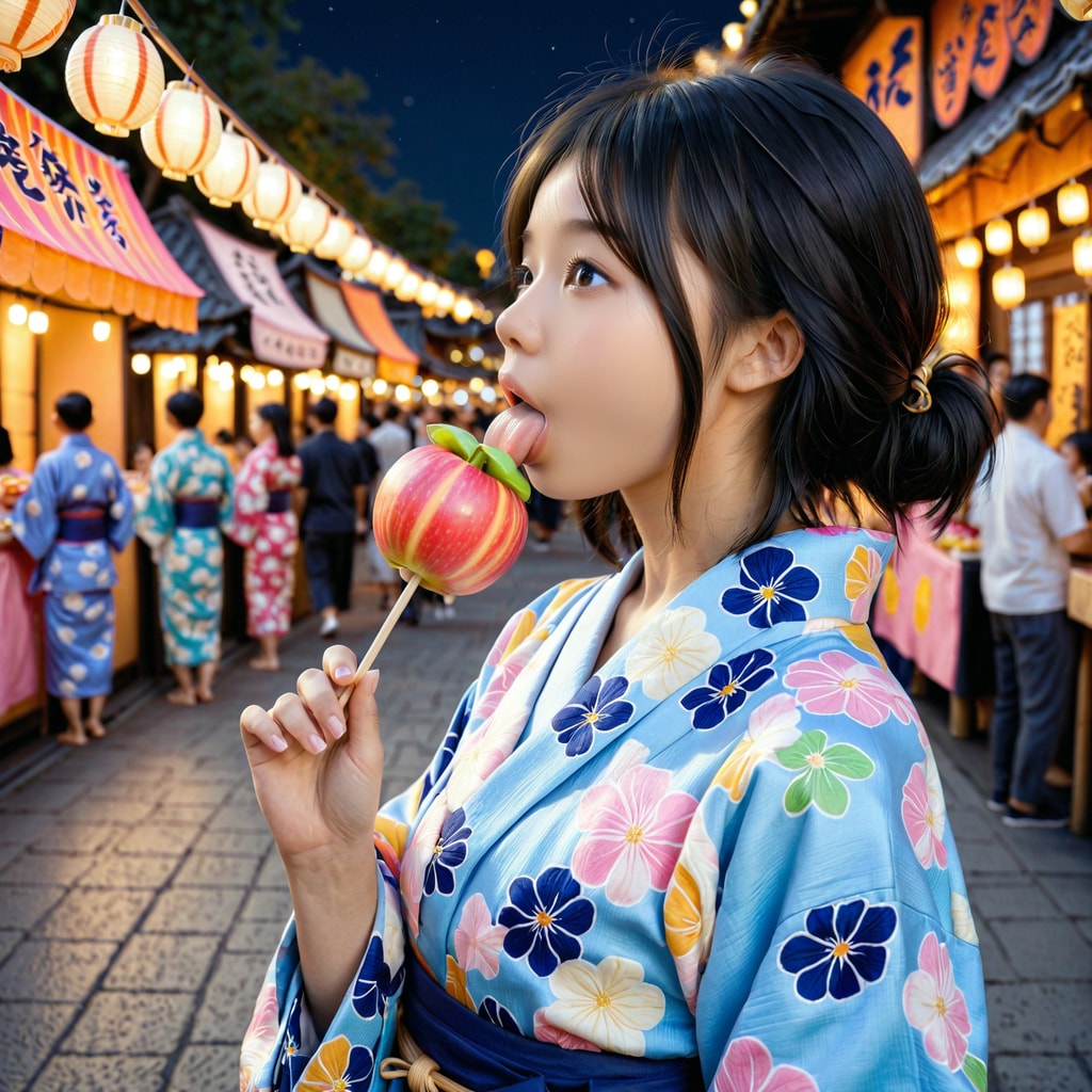 夏祭りにきてます-りんご飴おいしい！