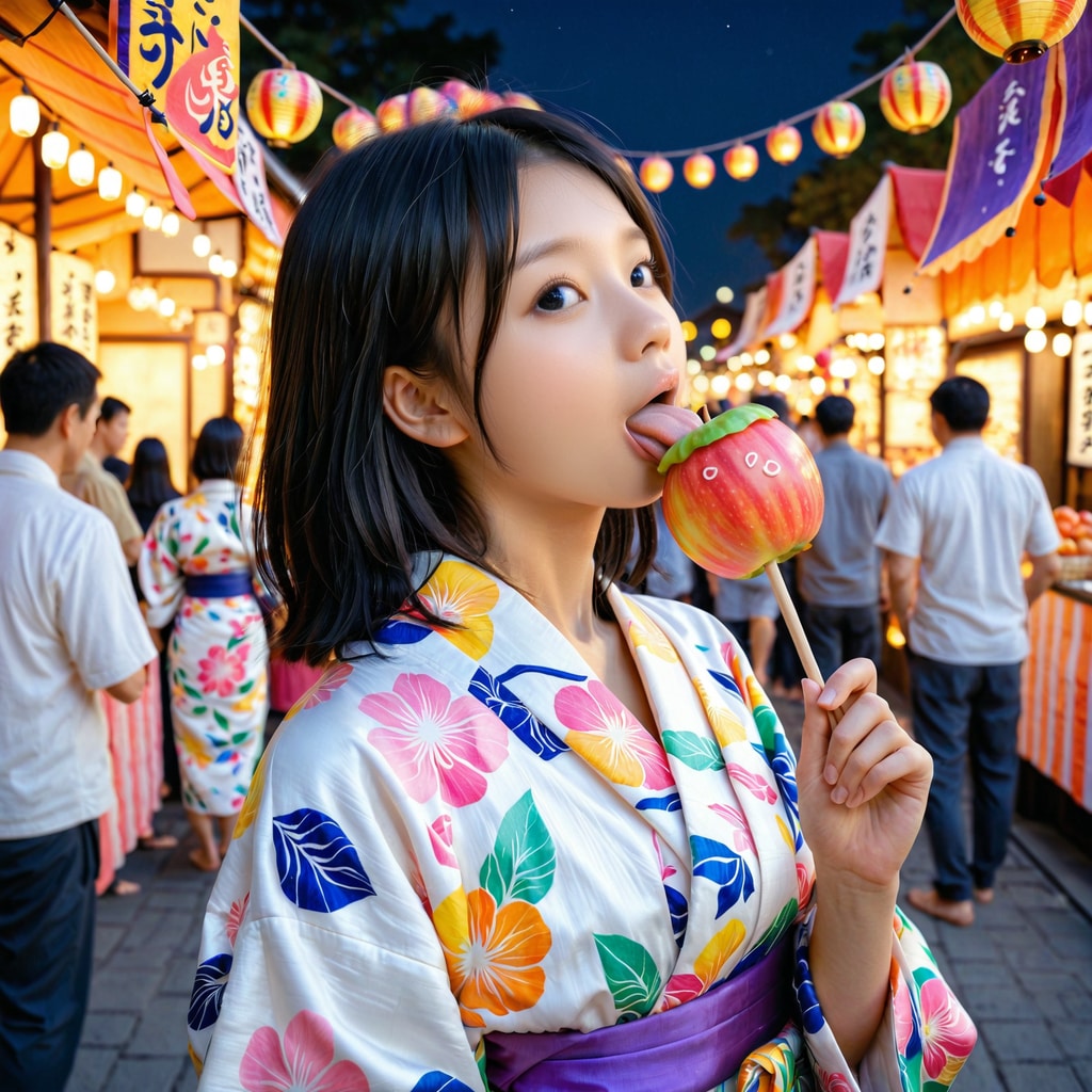 夏祭りにきてます-りんご飴おいしい！