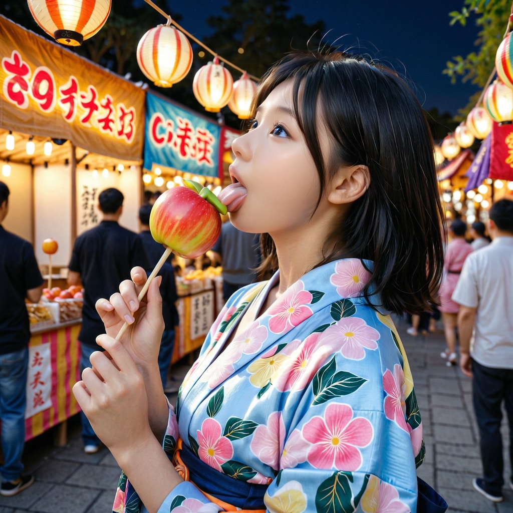 夏祭りにきてます-りんご飴おいしい！